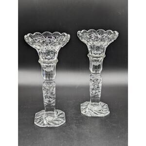 Pair of Crystal Cut Taper Candlestick Holders Etched Star of David 8" tall READ